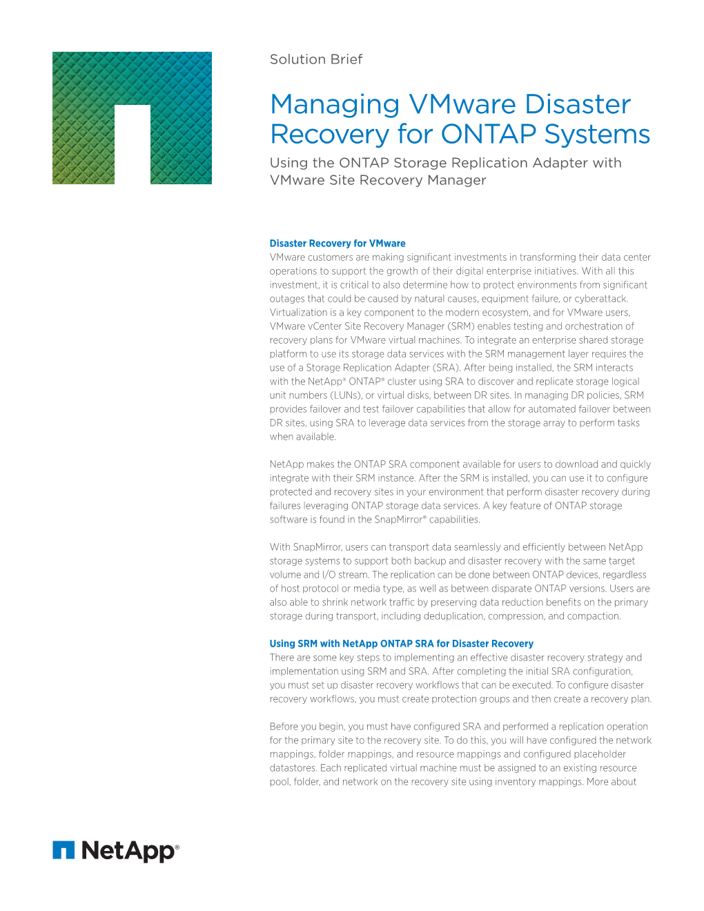 Managing Vmware Disaster Recovery for ONTAP Systems Using the ONTAP Storage Replication Adapter with Vmware Site Recovery Manager