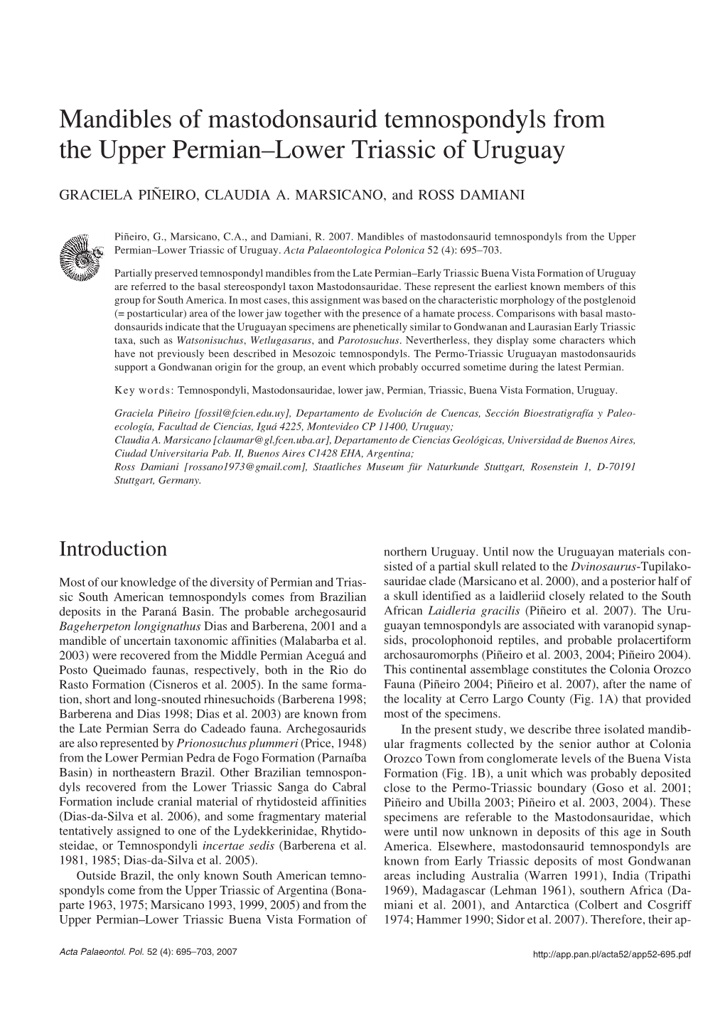 Mandibles of Mastodonsaurid Temnospondyls from the Upper Permian–Lower Triassic of Uruguay