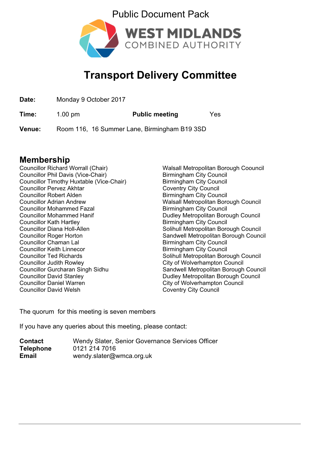 (Public Pack)Agenda Document for Transport Delivery Committee, 09/10/2017 13:00