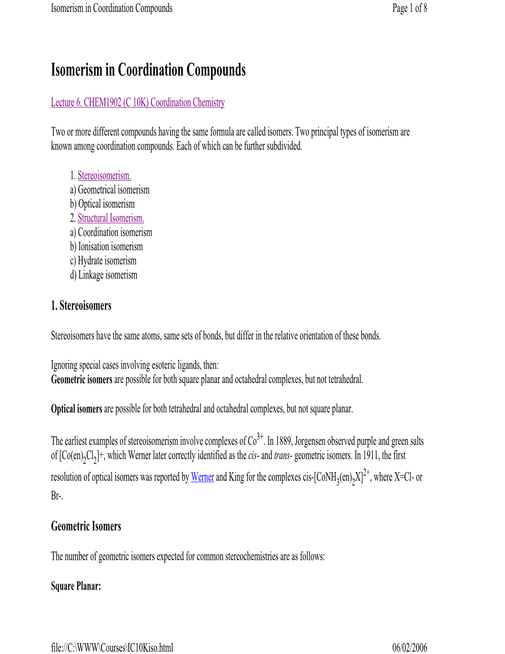 Isomerism in Coordination Compounds Page 1 of 8