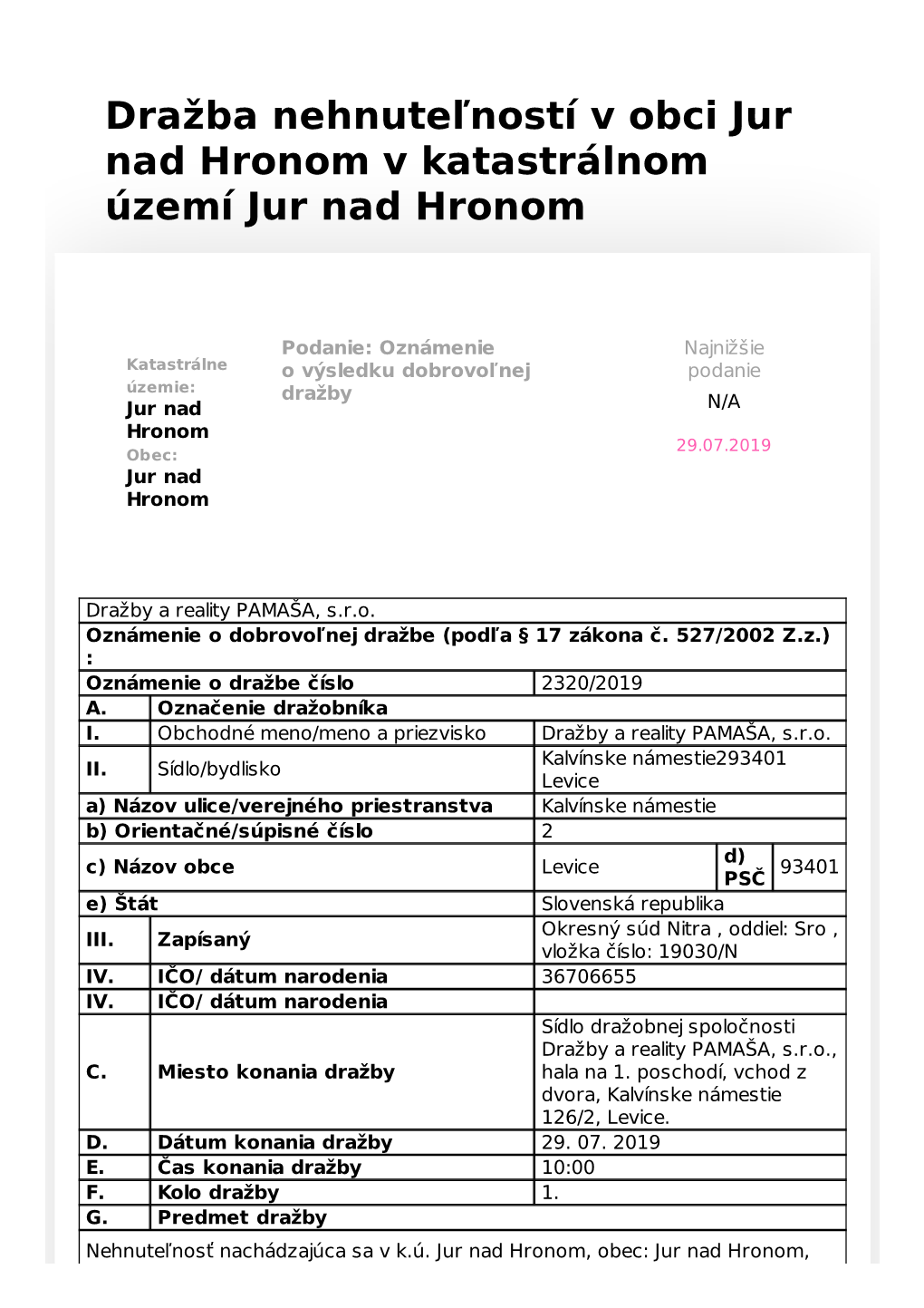 Dražba Nehnuteľností V Obci Jur Nad Hronom V Katastrálnom Území Jur Nad Hronom