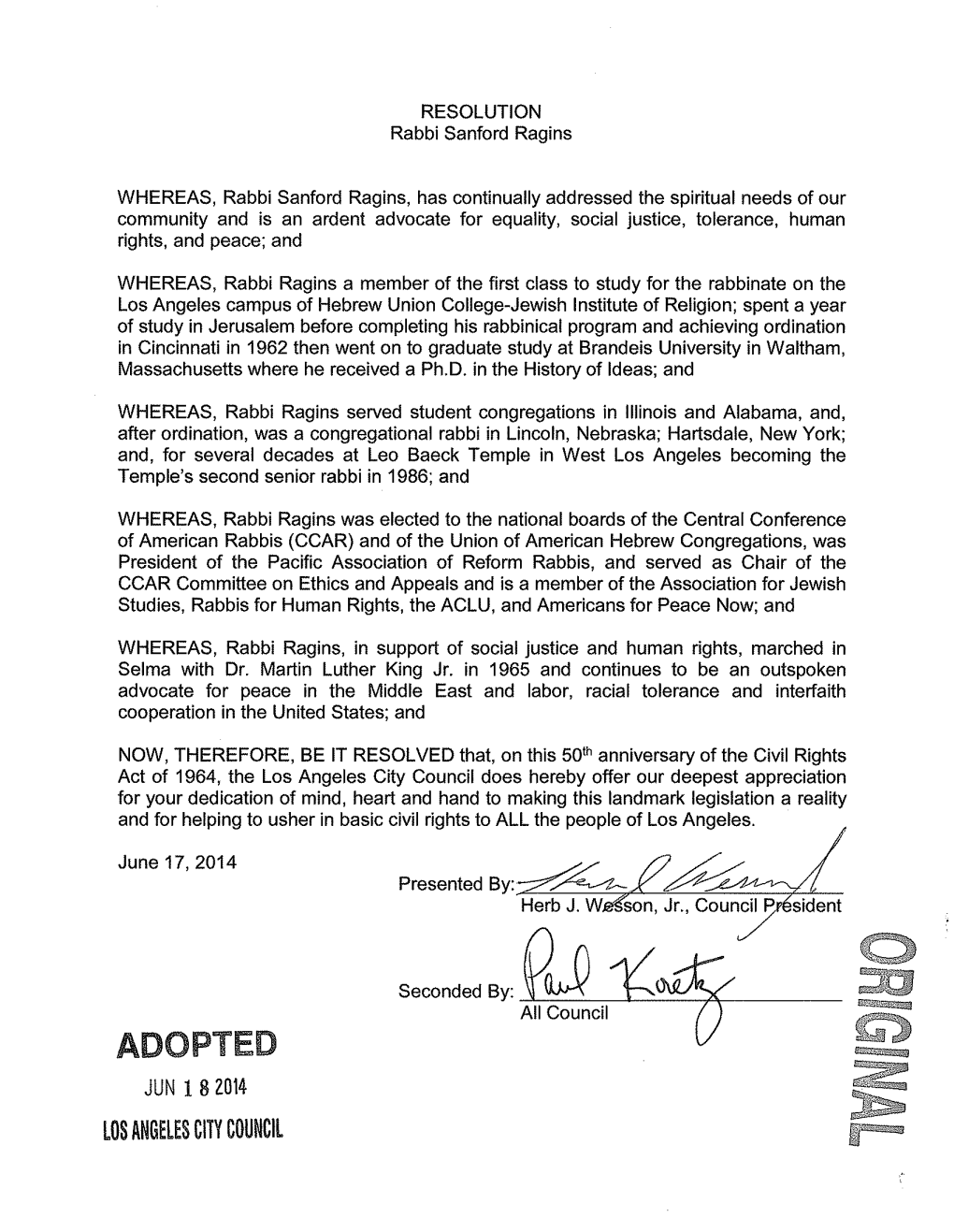 ADOPTED JUN 1 82014 Los ANGELES CITY Council RESOLUTION Rev