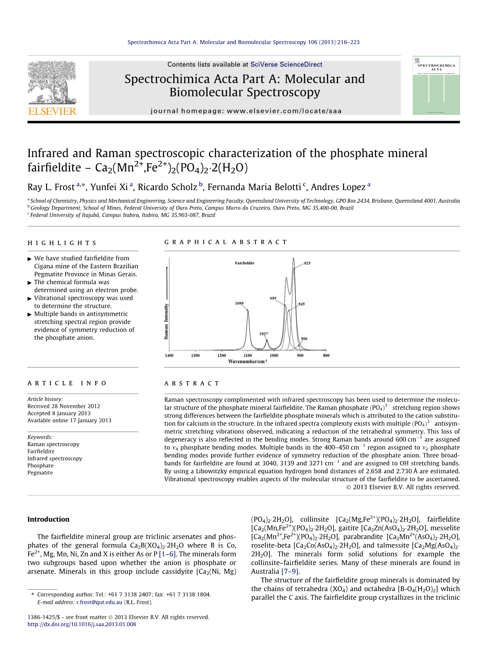 Infrared and Raman Spectroscopic Characterization of the Phosphate Mineral 2+ 2+ Fairﬁeldite – Ca2(Mn ,Fe )2(PO4)2�2(H2O) ⇑ Ray L