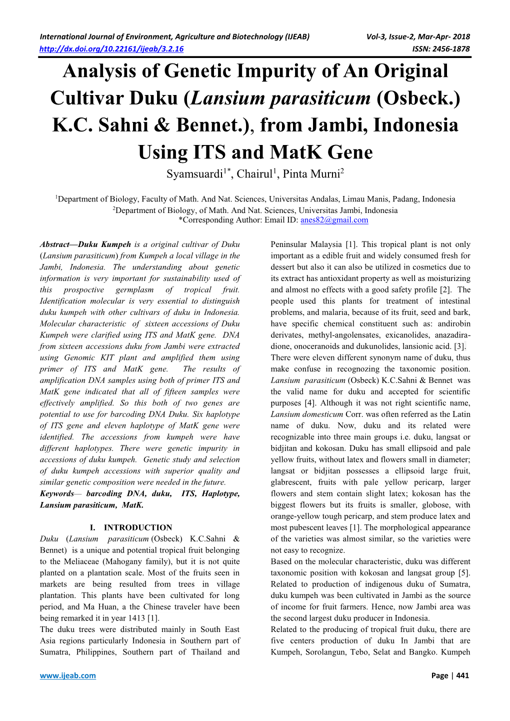 Analysis of Genetic Impurity of an Original Cultivar Duku (Lansium Parasiticum (Osbeck.) K.C