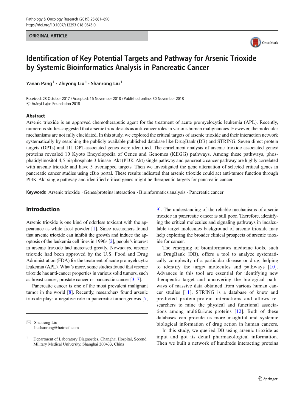 Identification of Key Potential Targets and Pathway for Arsenic Trioxide by Systemic Bioinformatics Analysis in Pancreatic Cancer