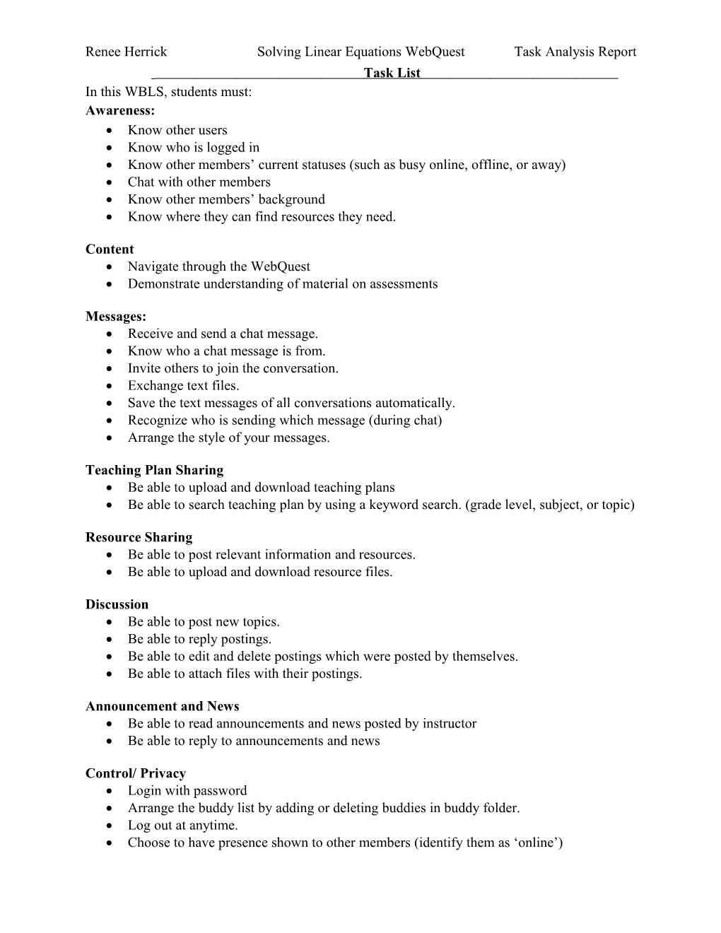 Renee Herrick Solving Linear Equations Webquest Task Analysis Report