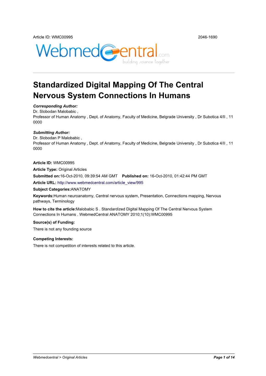 Standardized Digital Mapping of the Central Nervous System Connections in Humans