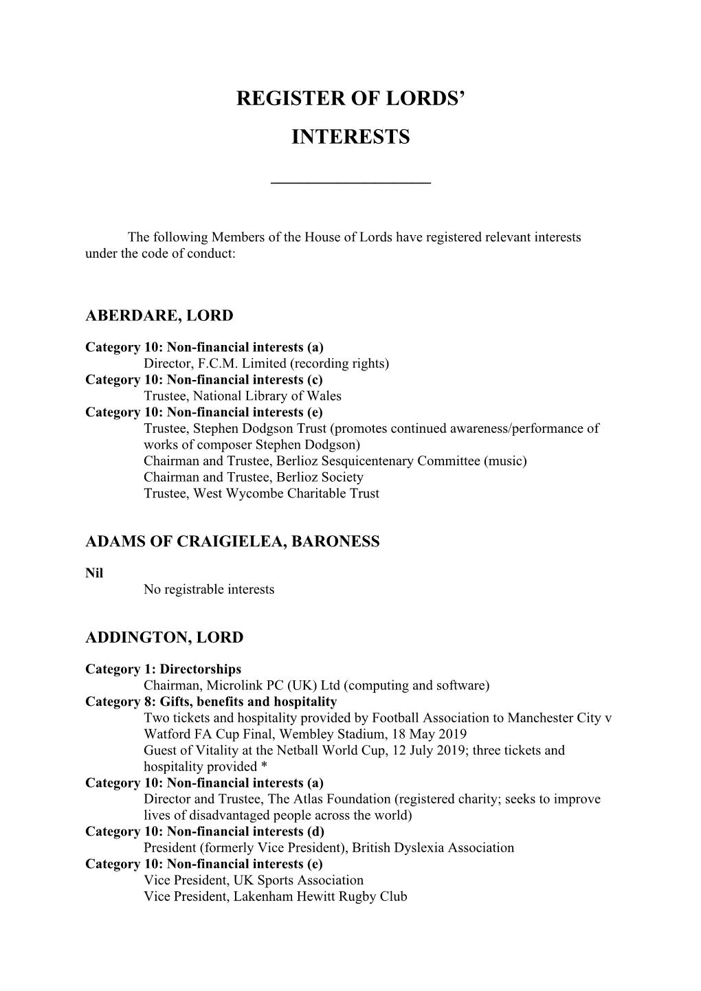 Register of Lords' Interests