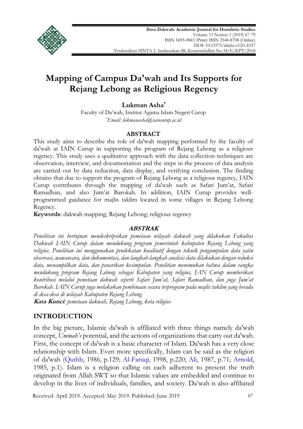 Mapping of Campus Da'wah and Its Supports for Rejang Lebong As Religious Regency