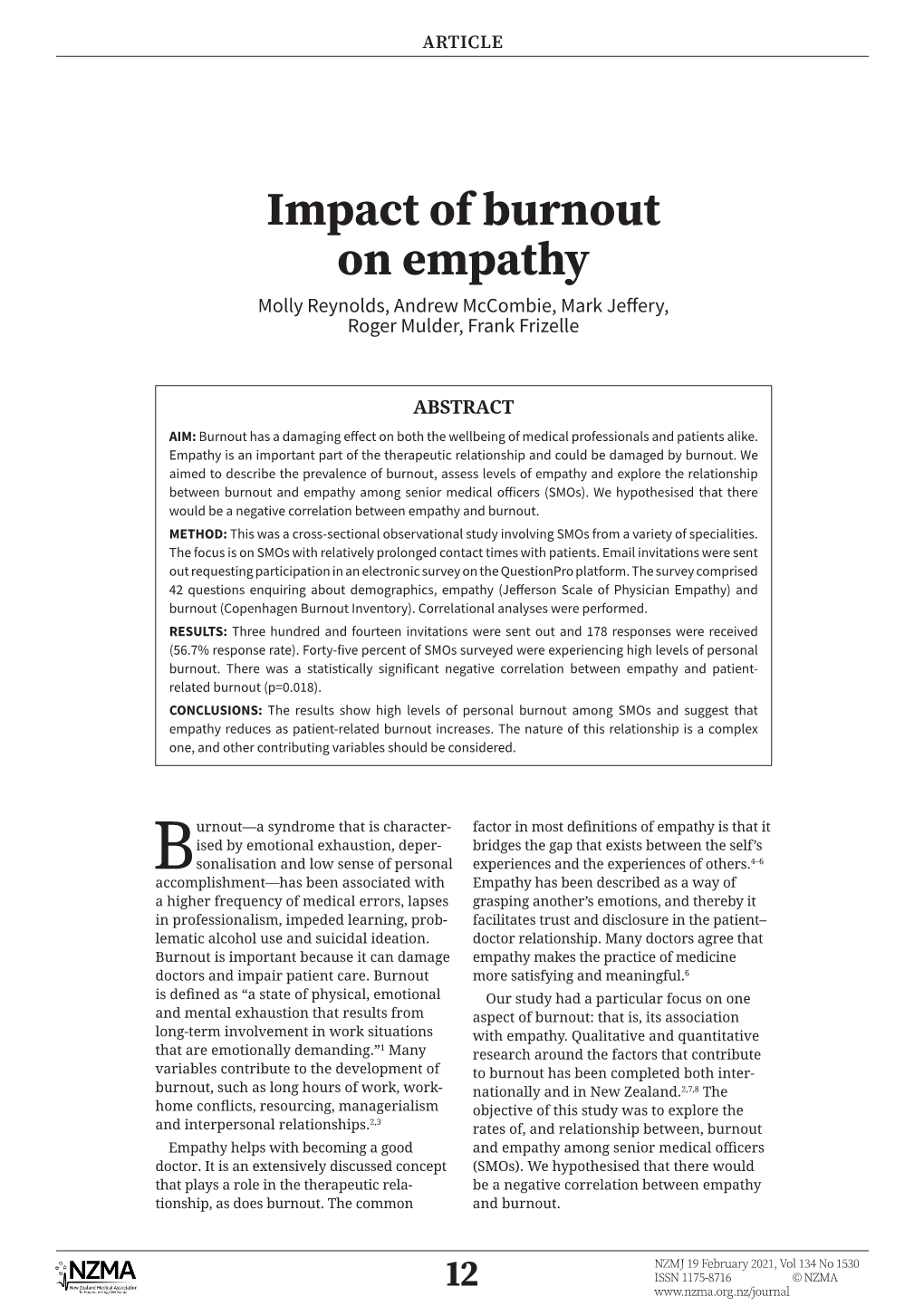 Impact of Burnout on Empathy Molly Reynolds, Andrew Mccombie, Mark Jeffery, Roger Mulder, Frank Frizelle