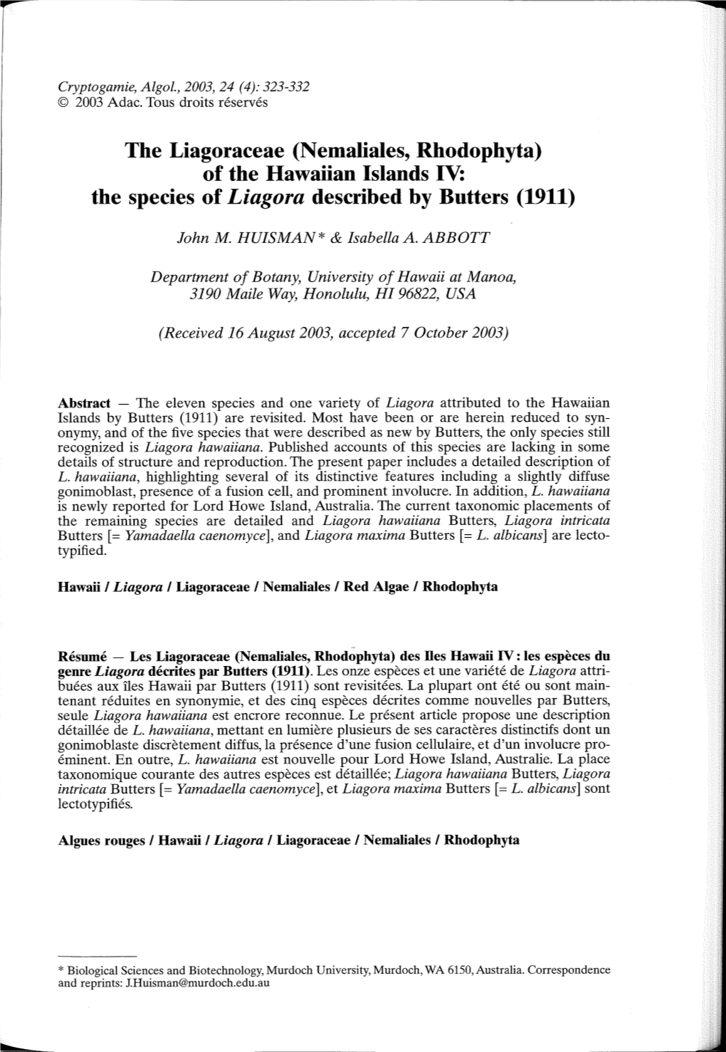 Of the Hawaiian Islands IV: the Species of Liagora Described by Butters (1911)