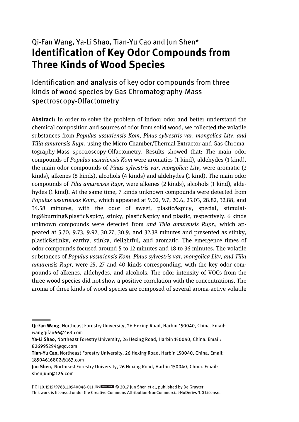 Identification of Key Odor Compounds from Three Kinds of Wood Species