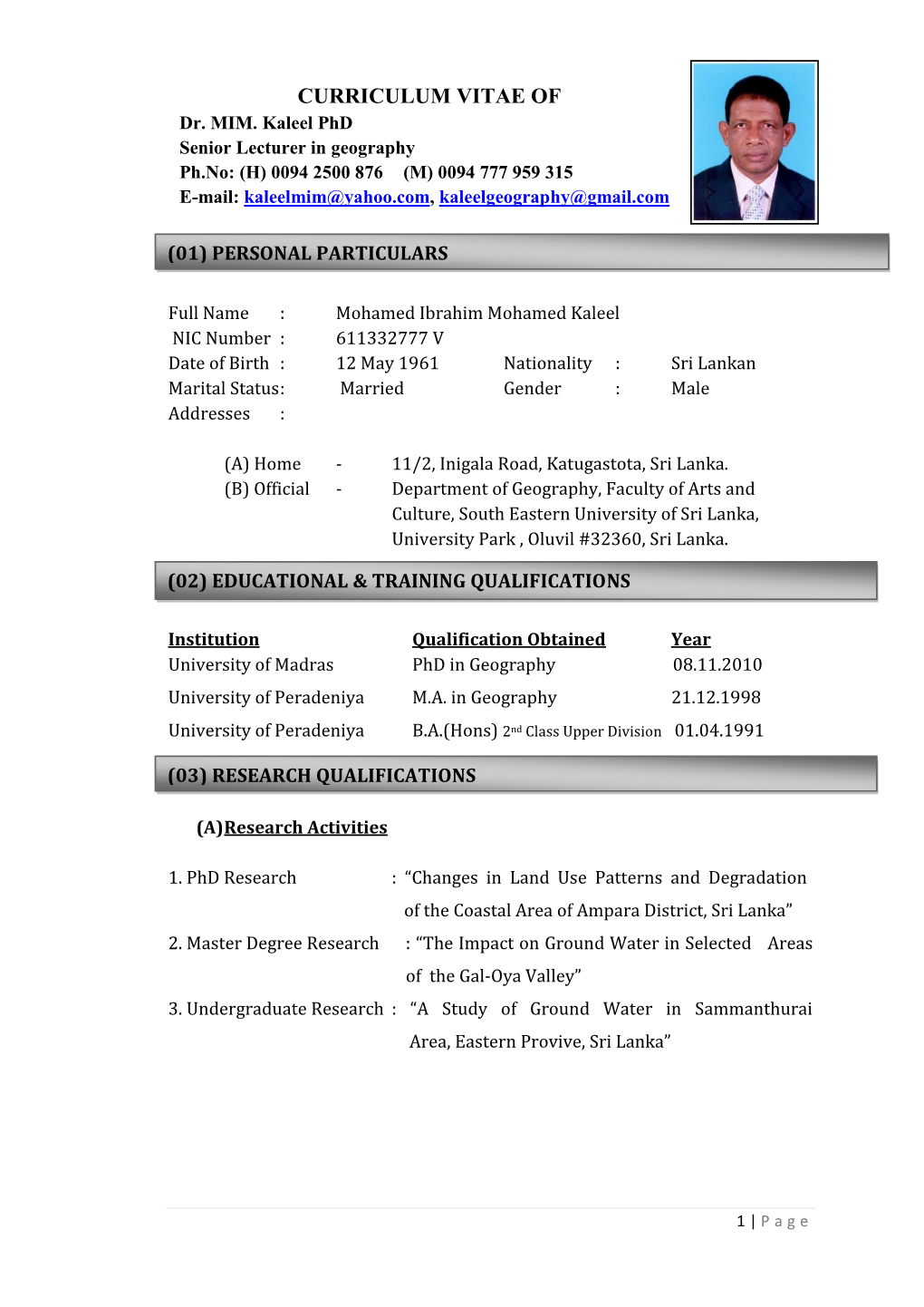 CURRICULUM VITAE of Dr