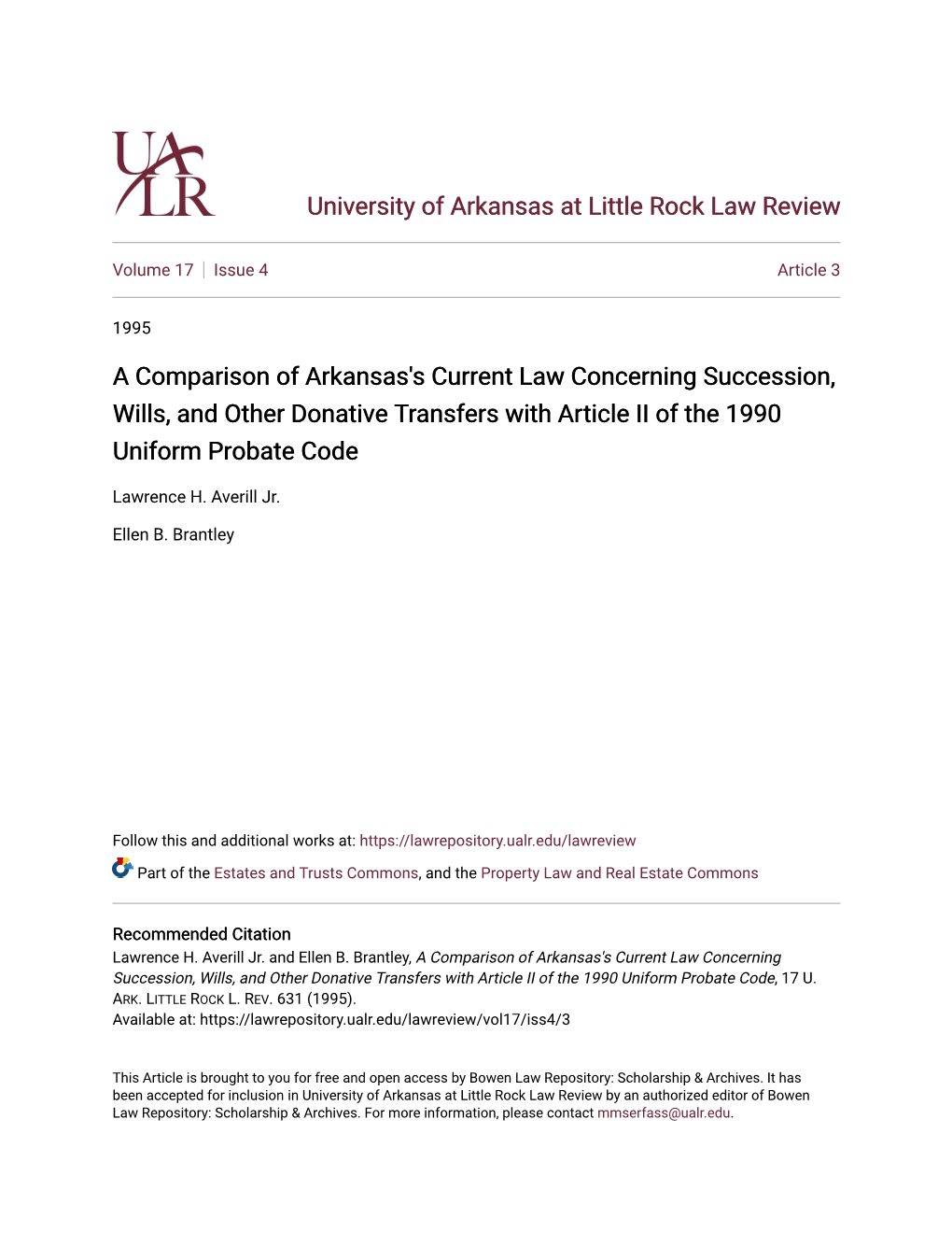 A Comparison of Arkansas's Current Law Concerning Succession, Wills, and Other Donative Transfers with Article II of the 1990 Uniform Probate Code