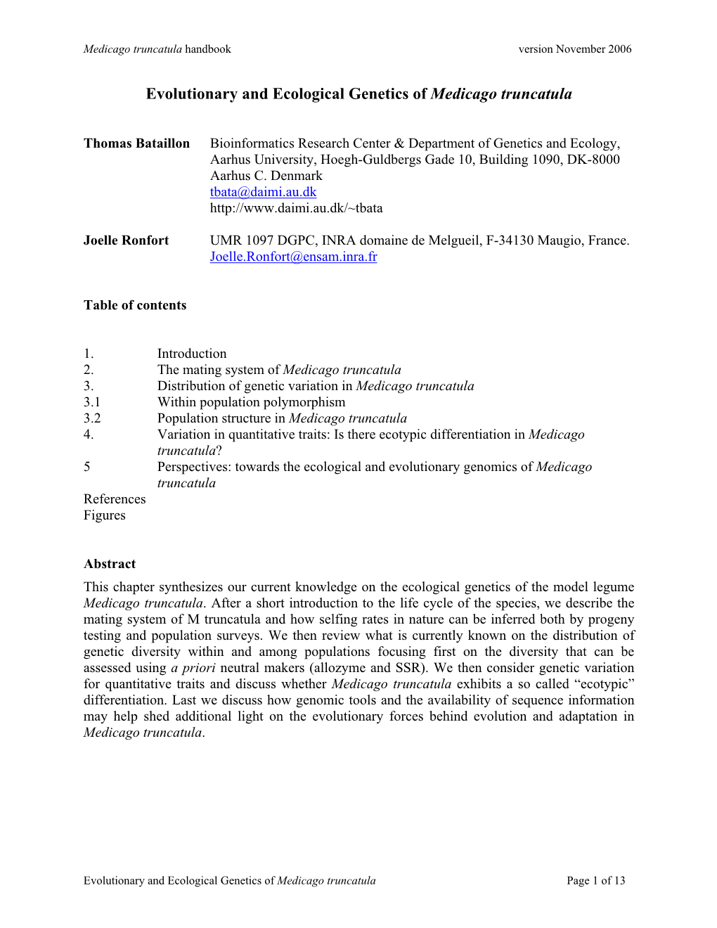 Evolutionary and Ecological Genetics of Medicago Truncatula