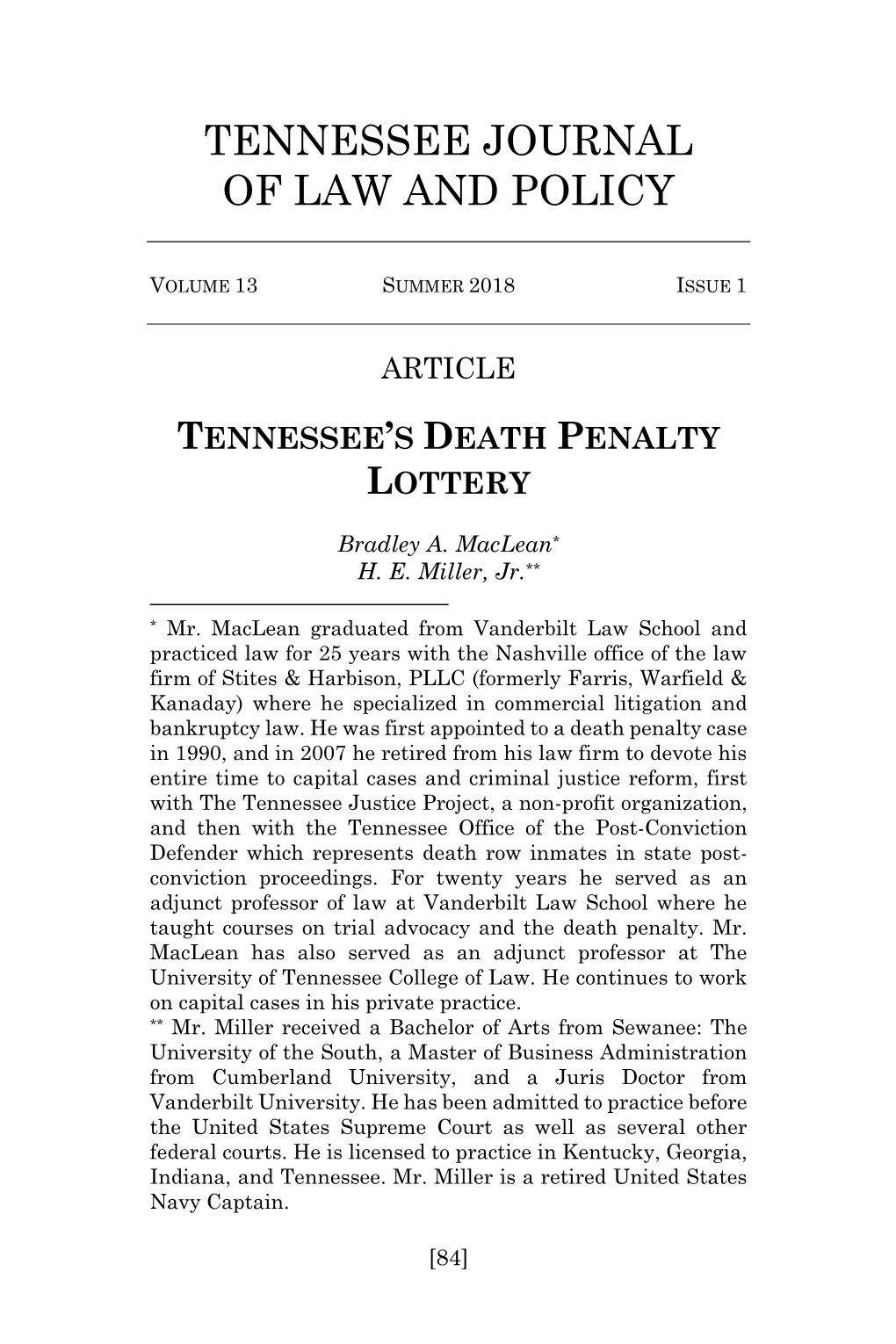 Tennessee's Death Penalty Lottery