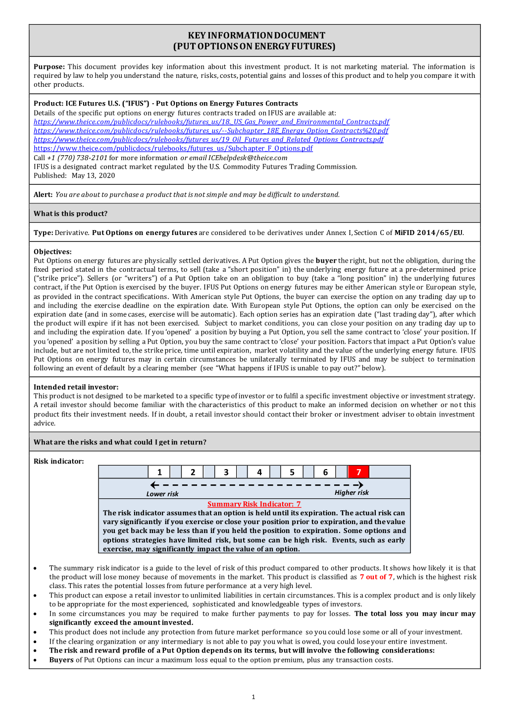 Key Information Document (Put Options on Energy Futures)