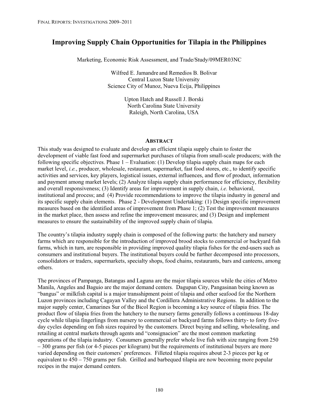 Improving Supply Chain Opportunities for Tilapia in the Philippines