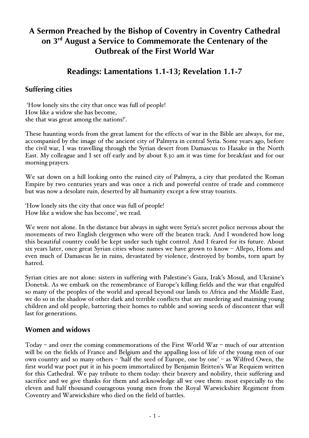 A Sermon Preached by the Bishop of Coventry in Coventry Cathedral on 3Rd August a Service to Commemorate the Centenary of the Outbreak of the First World War