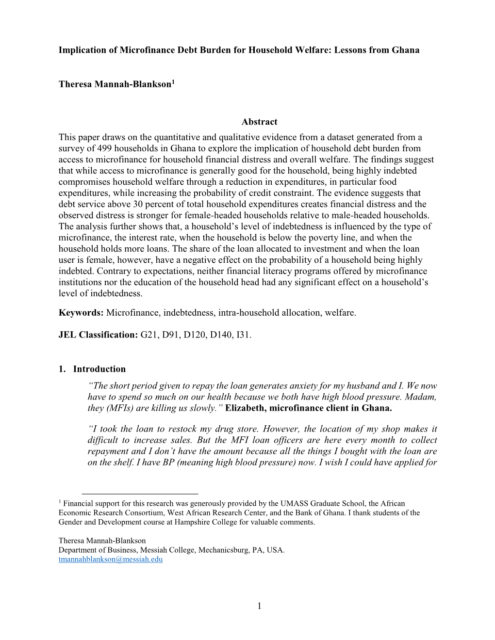 1 Implication of Microfinance Debt Burden for Household Welfare