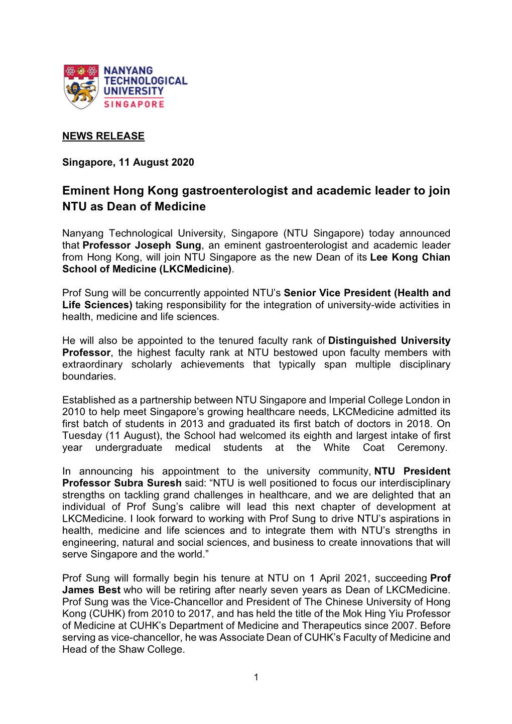 Eminent Hong Kong Gastroenterologist and Academic Leader to Join NTU As Dean of Medicine