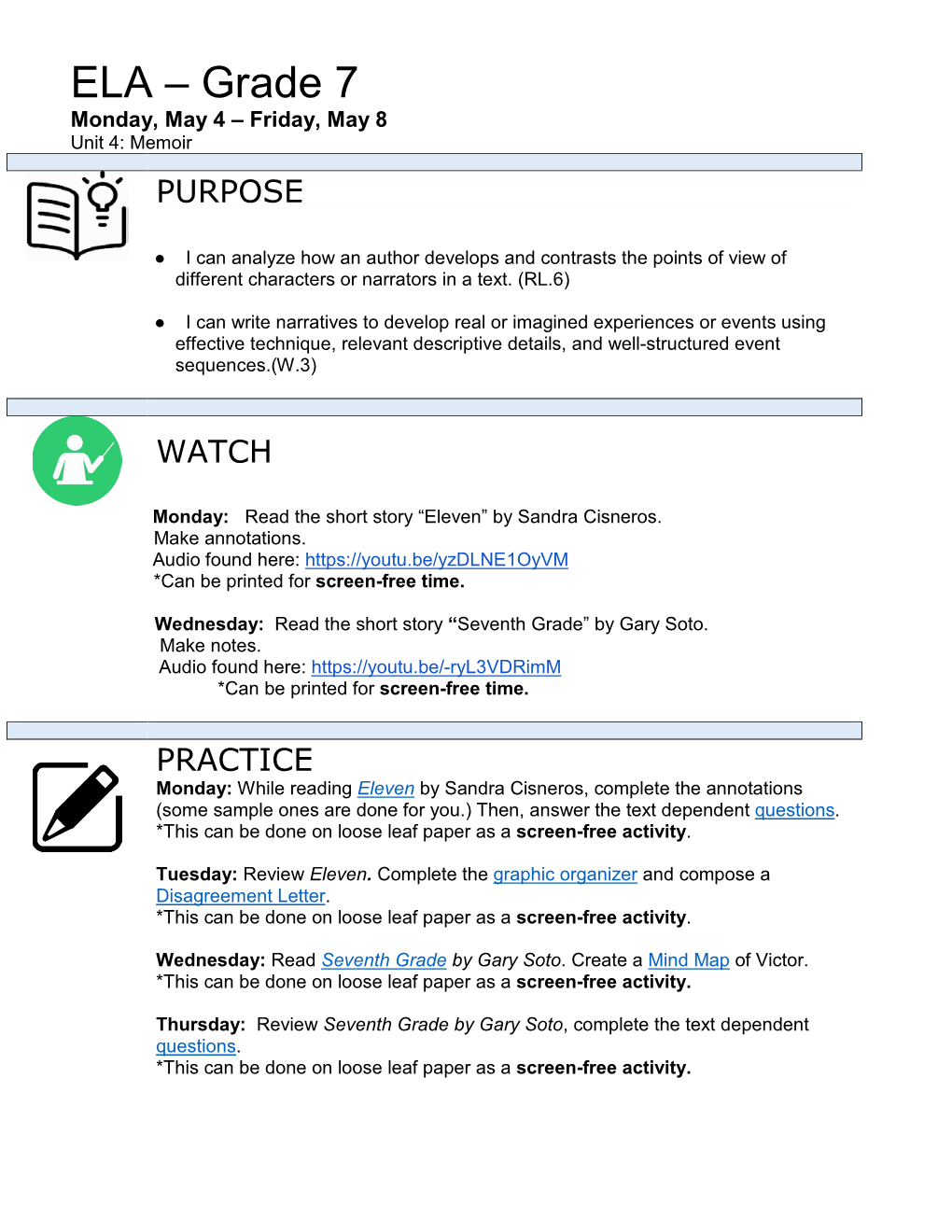 ELA – Grade 7 Monday, May 4 – Friday, May 8 Unit 4: Memoir