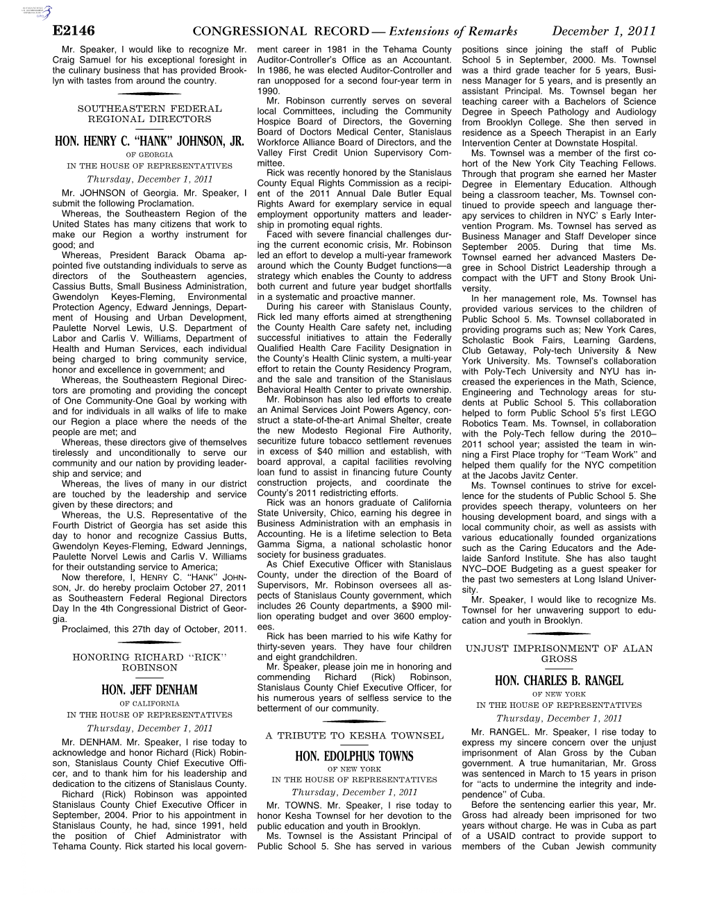 CONGRESSIONAL RECORD— Extensions of Remarks E2146 HON. HENRY C. ''HANK'' JOHNSON, JR. HON. JEFF DENHAM HON. EDOLPHUS T