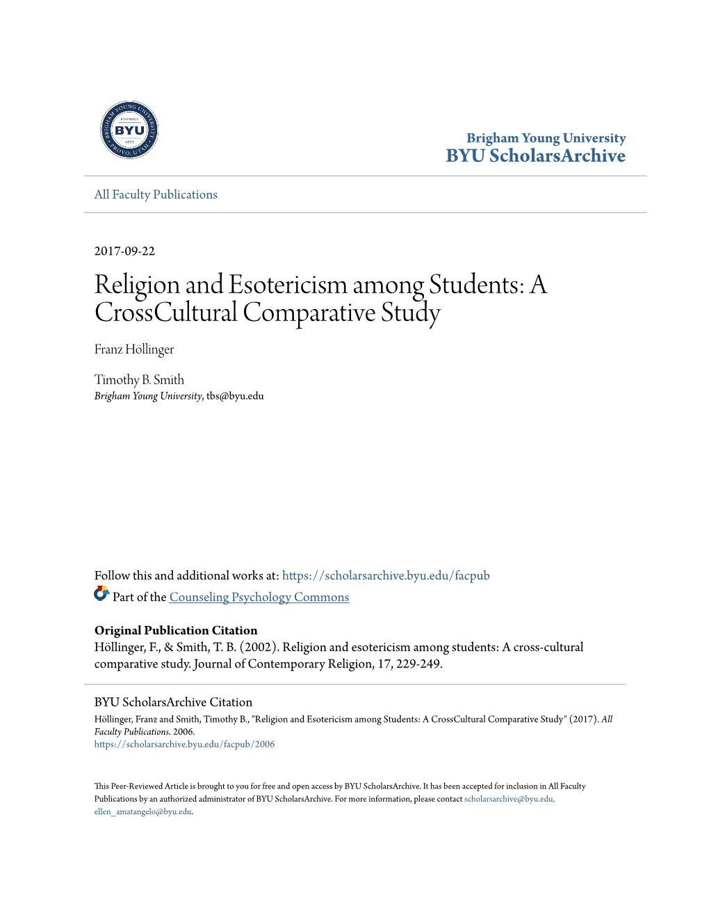 Religion and Esotericism Among Students: a Crosscultural Comparative Study Franz Höllinger