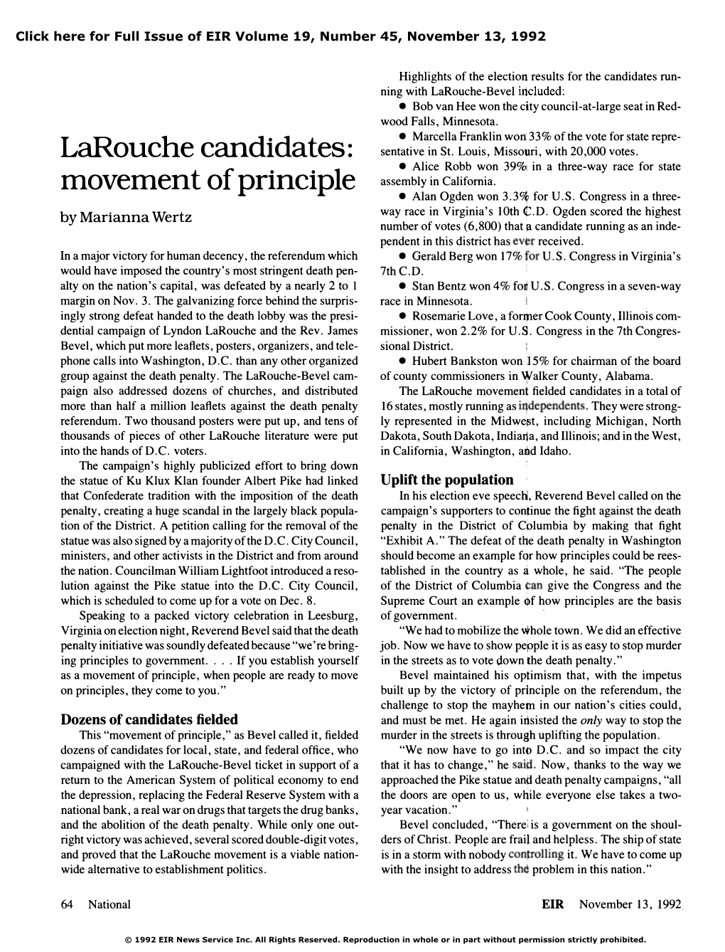 Larouche Candidates: Movement of Principle