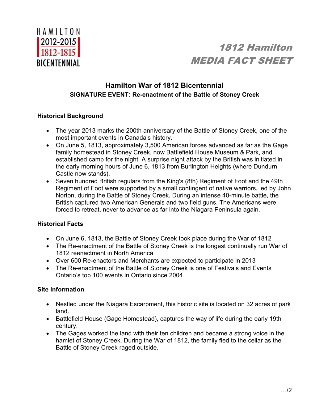 1812 Hamilton MEDIA FACT SHEET