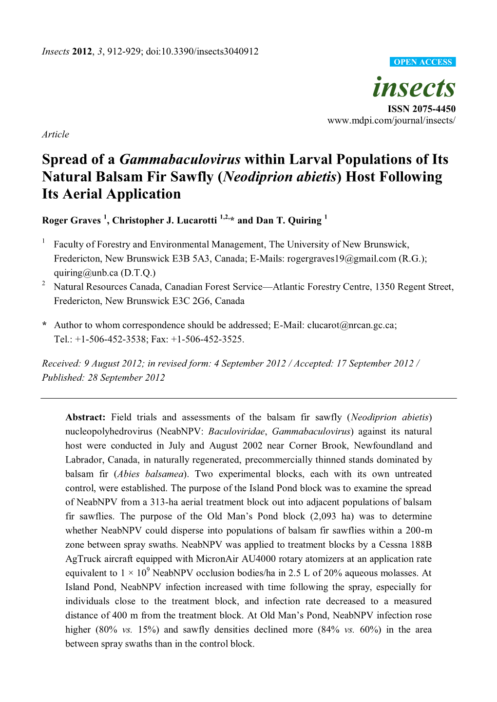 Spread of a Gammabaculovirus Within Larval Populations of Its Natural Balsam Fir Sawfly (Neodiprion Abietis) Host Following Its Aerial Application