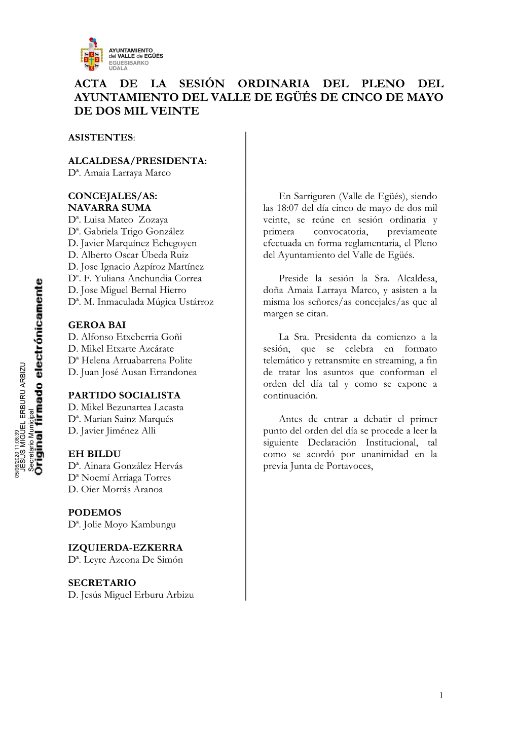 Acta De La Sesión Ordinaria Del Pleno Del Ayuntamiento Del Valle De Egüés De Cinco De Mayo De Dos Mil Veinte