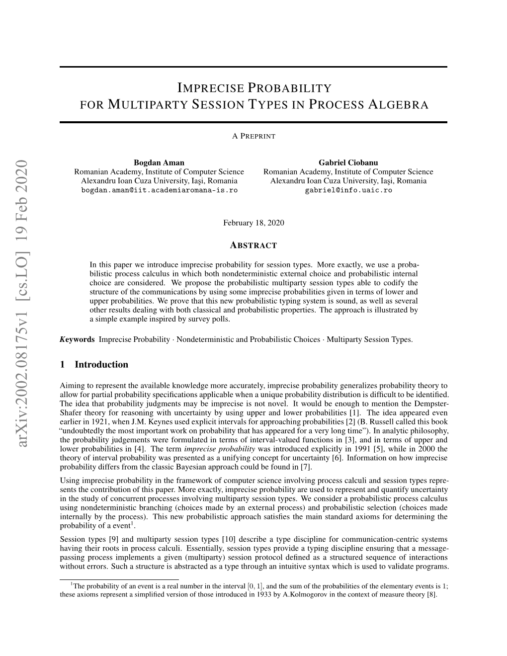 Imprecise Probability for Multiparty Session Types in Process Algebra APREPRINT