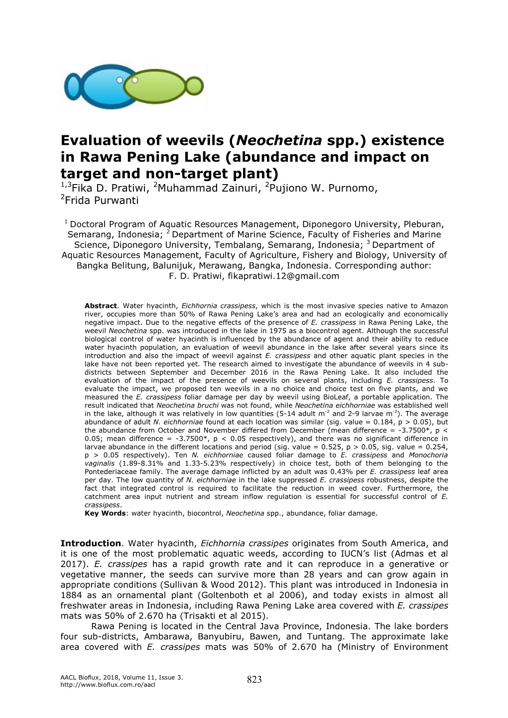 Evaluation of Weevils (Neochetina Spp.) Existence in Rawa Pening Lake (Abundance and Impact on Target and Non-Target Plant) 1,3Fika D