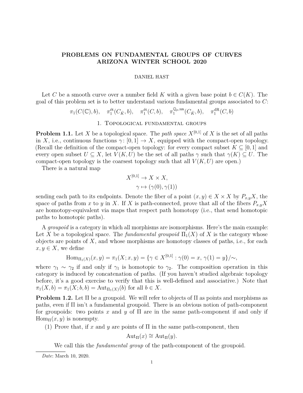 Problems on Fundamental Groups of Curves Arizona Winter School 2020