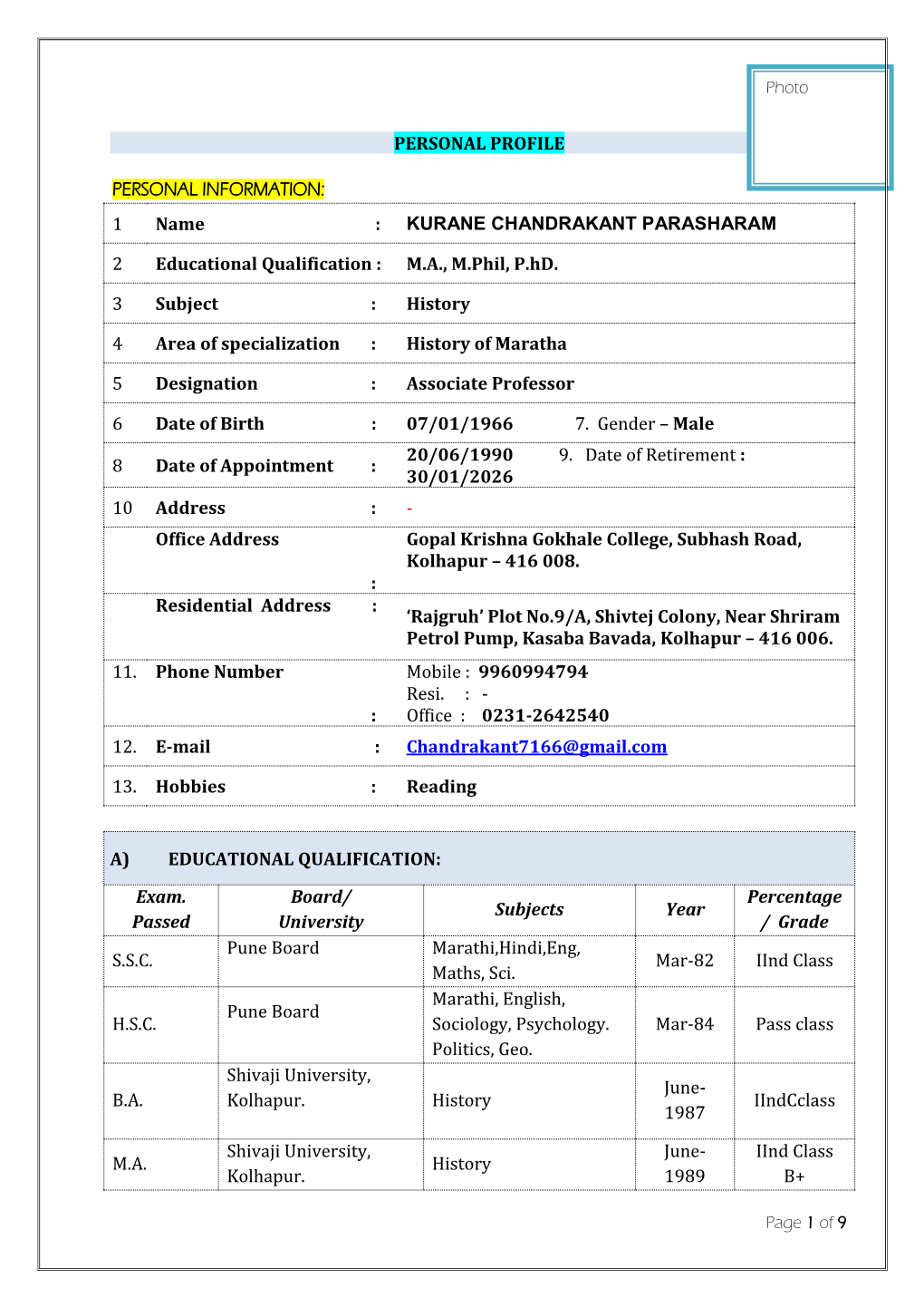 KURANE CHANDRAKANT PARASHARAM 2 Educational Qualification : MA, M.Phil, P