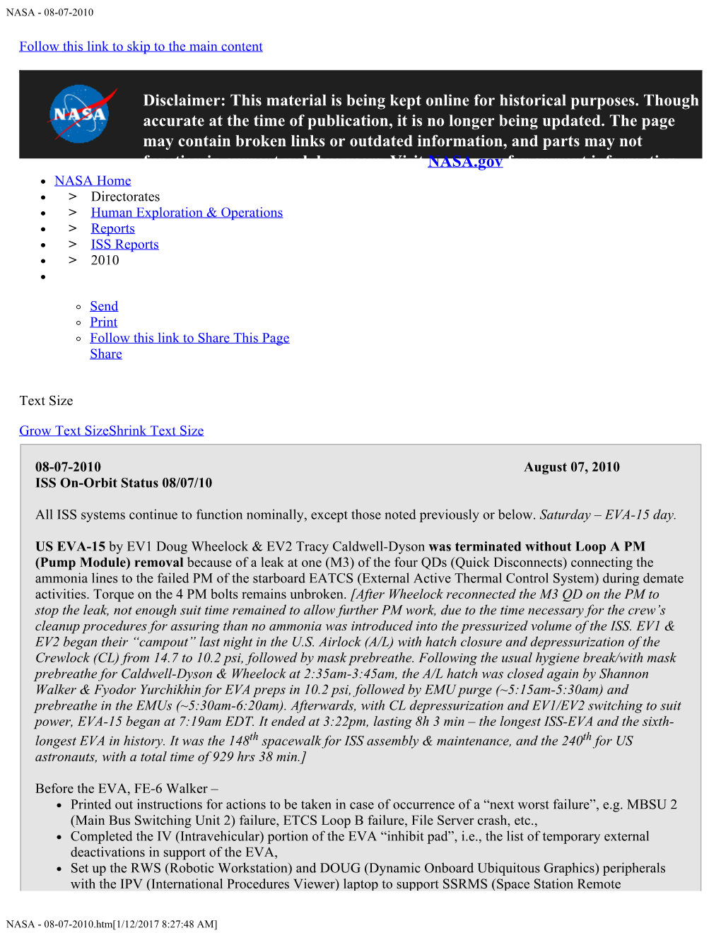 US EVA 15 ISS Status Report