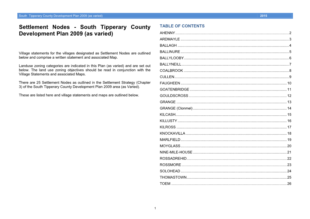 Settlement Nodes - South Tipperary County TABLE of CONTENTS Development Plan 2009 (As Varied) AHENNY