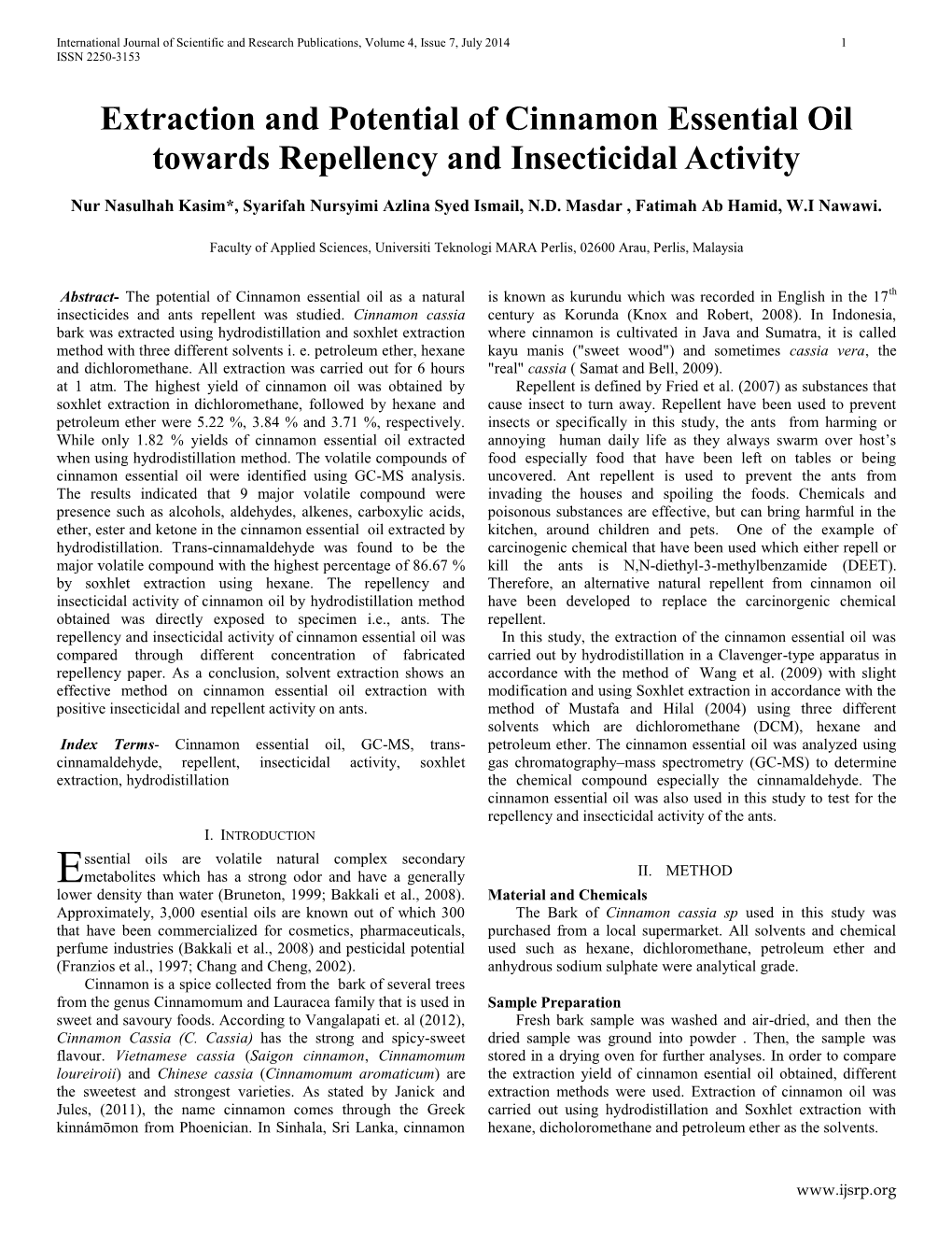 Extraction and Potential of Cinnamon Essential Oil Towards Repellency and Insecticidal Activity