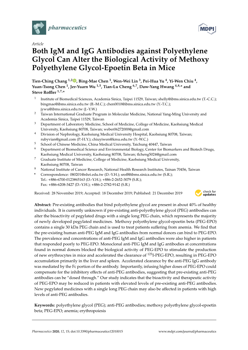 Both Igm and Igg Antibodies Against Polyethylene Glycol Can Alter the Biological Activity of Methoxy Polyethylene Glycol-Epoetin Beta in Mice