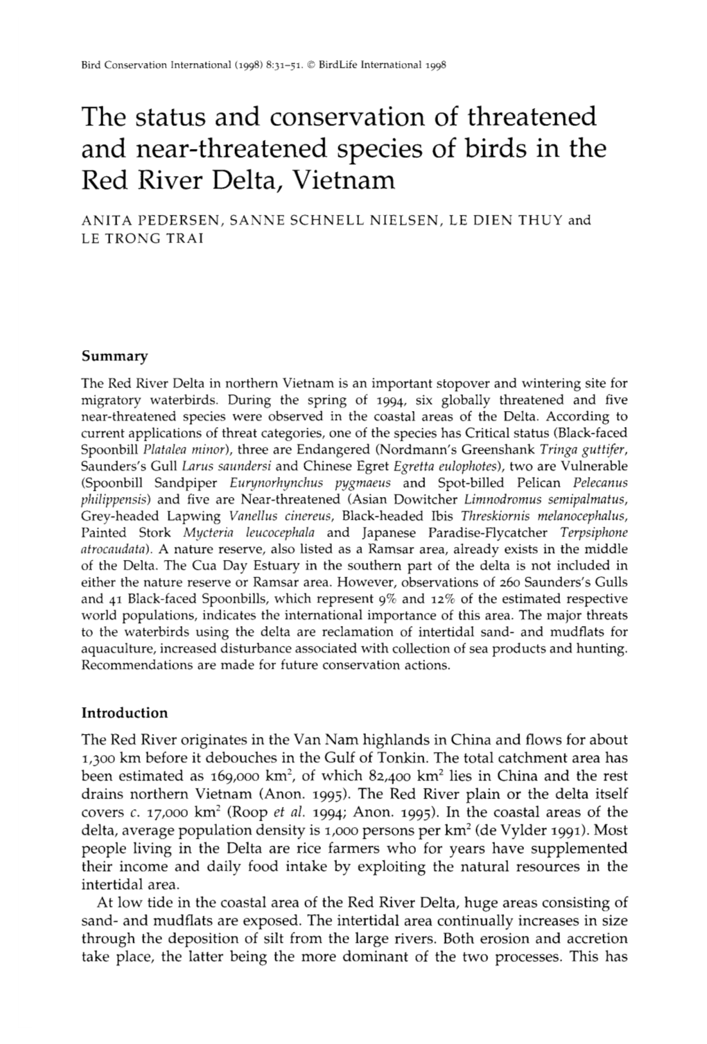 The Status and Conservation of Threatened and Near-Threatened Species of Birds in the Red River Delta, Vietnam