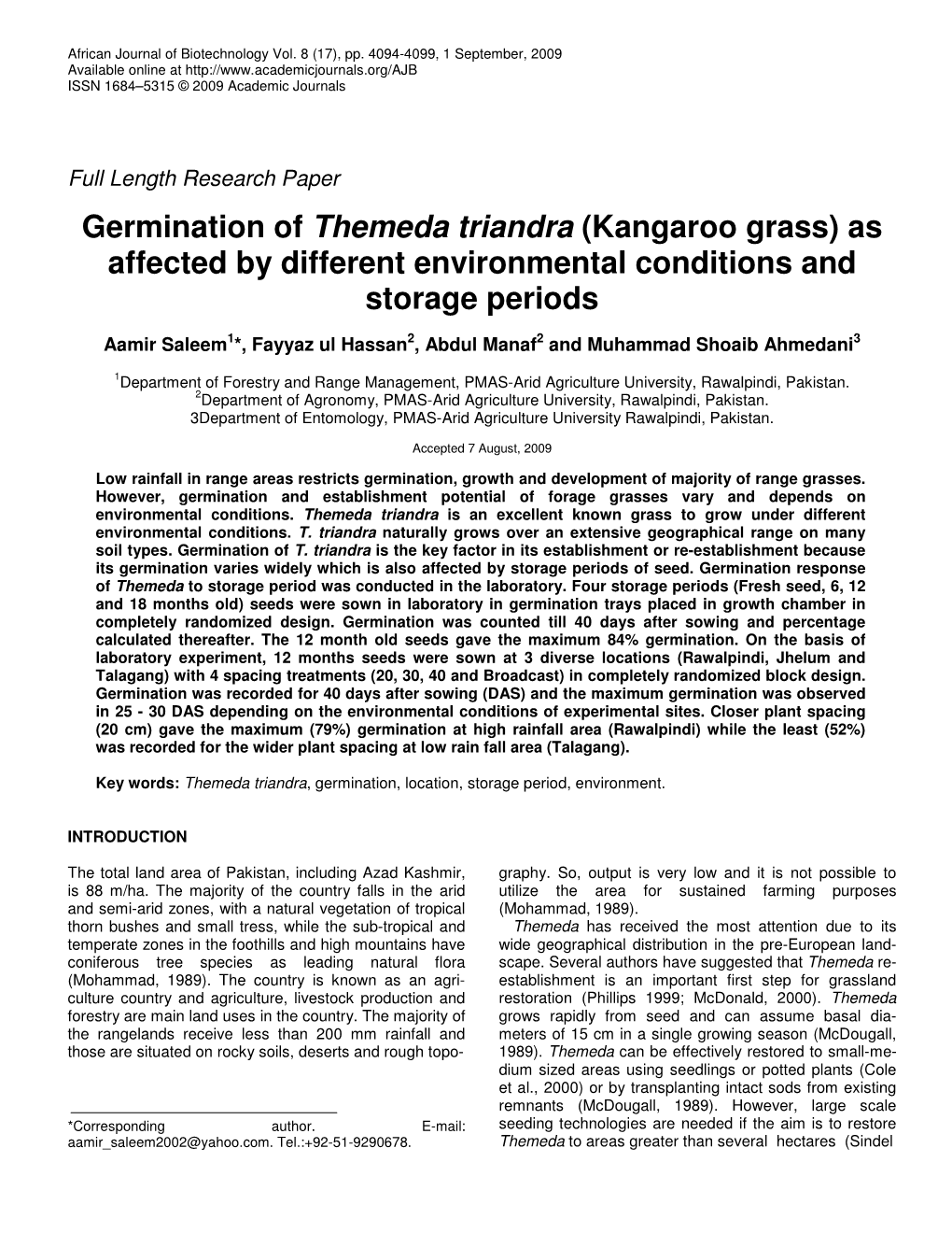 Germination of Themeda Triandra (Kangaroo Grass) As Affected by Different Environmental Conditions and Storage Periods