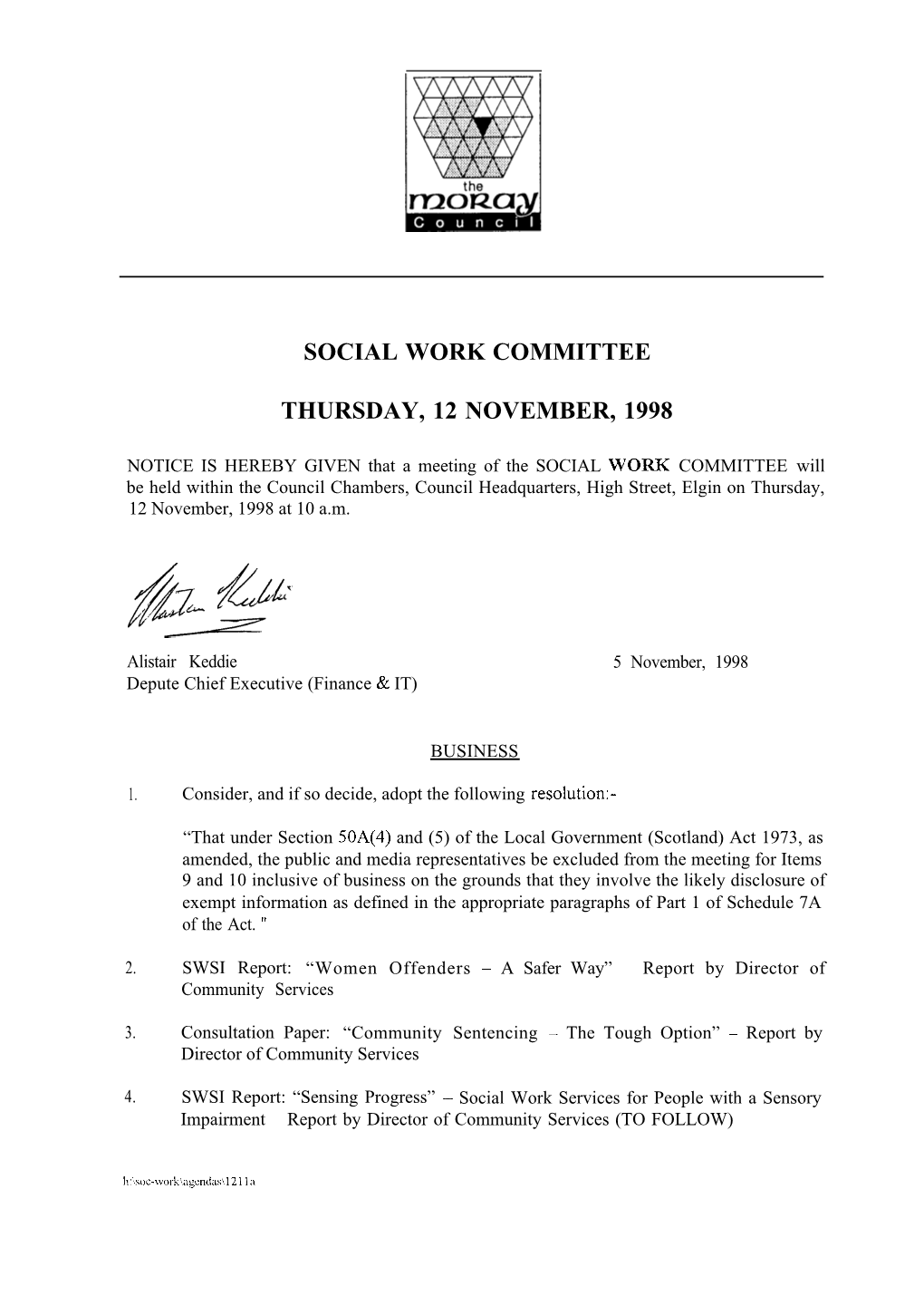 Social Work Committee Thursday, 12 November, 1998