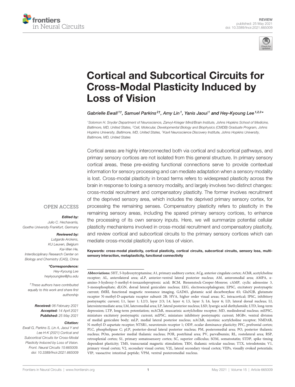 Cortical and Subcortical Circuits for Cross-Modal Plasticity Induced by Loss of Vision