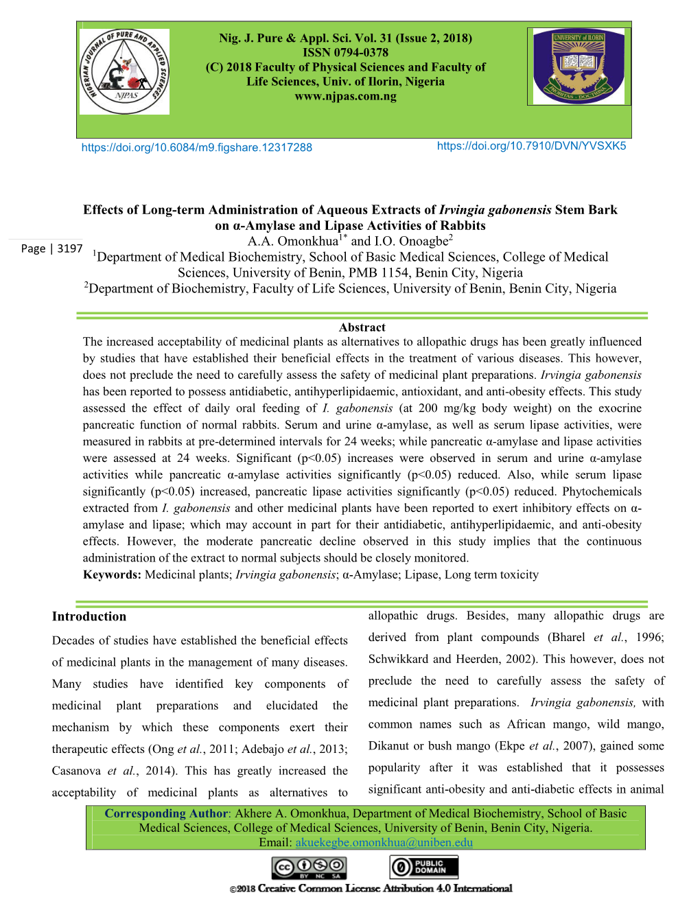 Effects of Long-Term Administration of Aqueous Extracts of Irvingia Gabonensis Stem Bark on Α-Amylase and Lipase Activities of Rabbits A.A