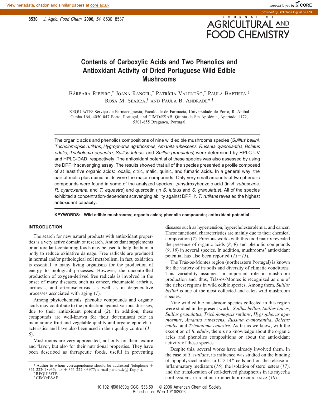 Contents of Carboxylic Acids and Two Phenolics and Antioxidant Activity of Dried Portuguese Wild Edible Mushrooms