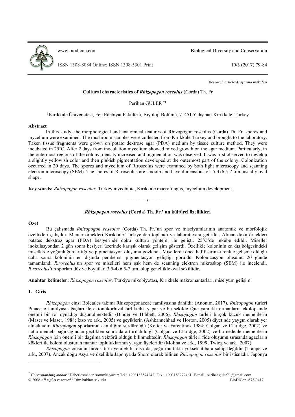 Rhizopogon Roseolus Corda Th. Fr.'Un Kültürel Özellikleri