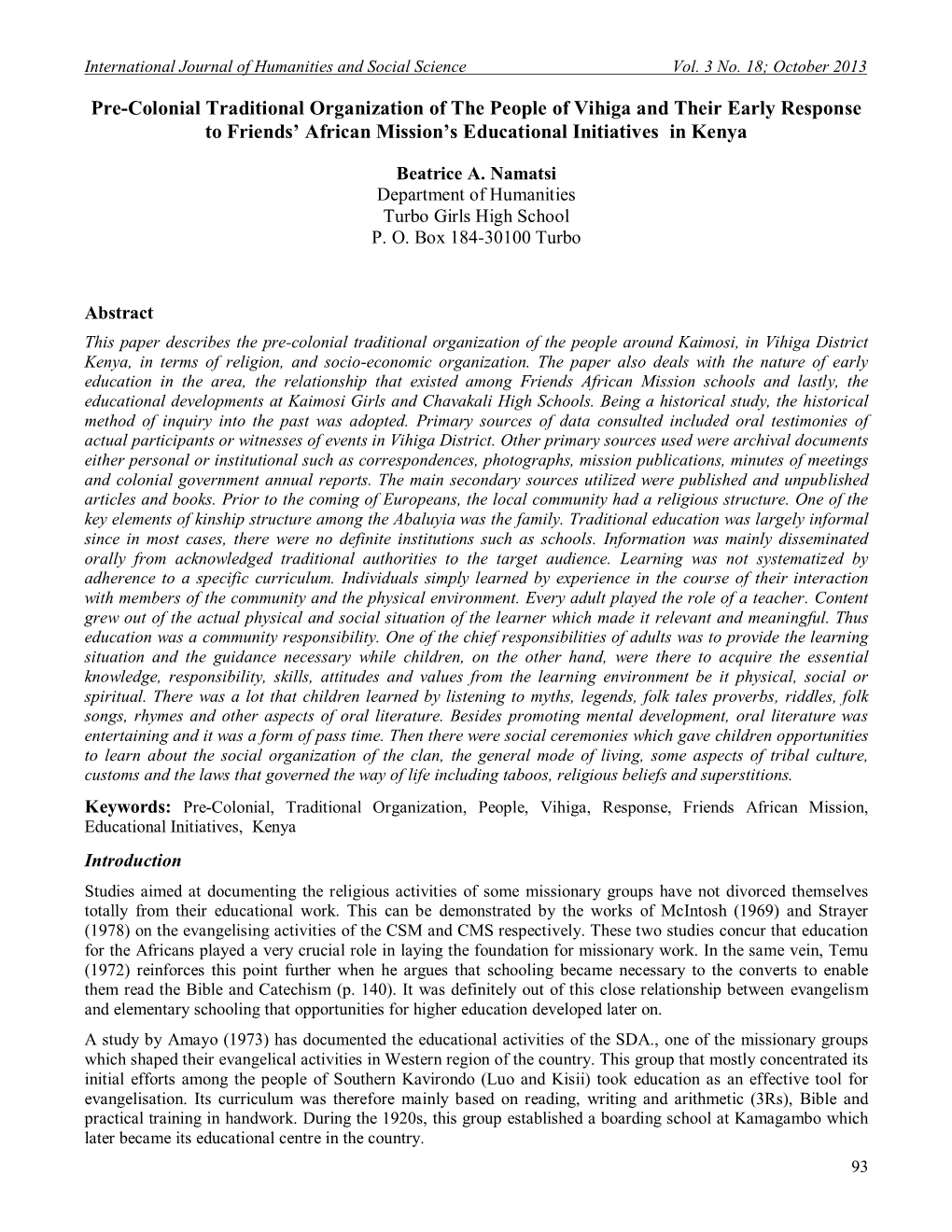 Pre-Colonial Traditional Organization of the People of Vihiga and Their Early Response to Friends’ African Mission’S Educational Initiatives in Kenya