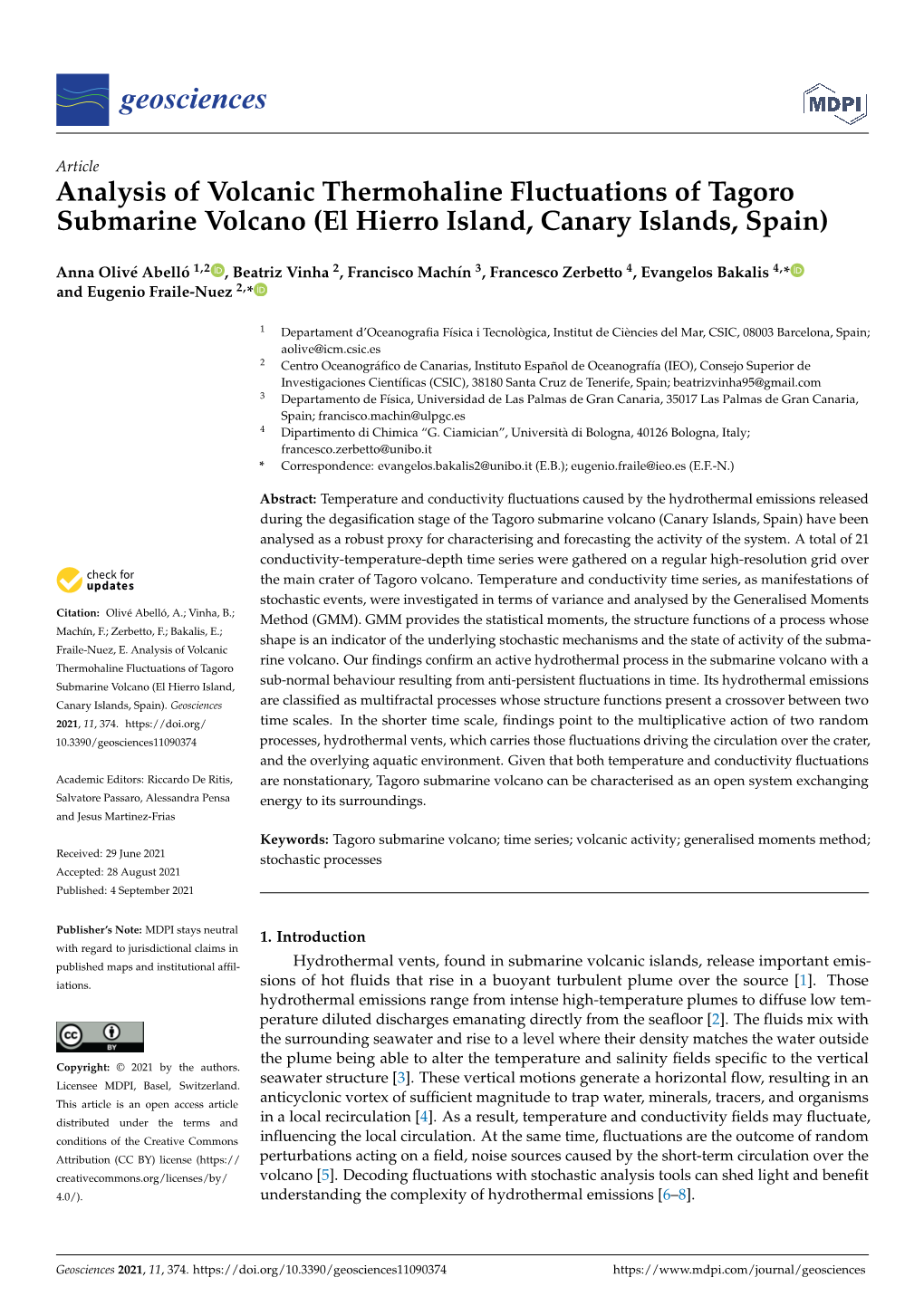 Analysis of Volcanic Thermohaline Fluctuations of Tagoro Submarine Volcano (El Hierro Island, Canary Islands, Spain)