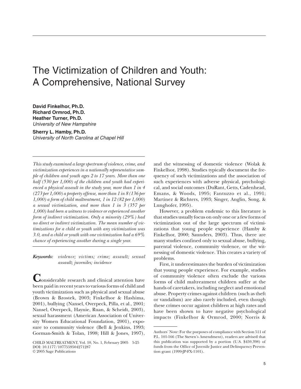 The Victimization of Children and Youth: a Comprehensive, National Survey